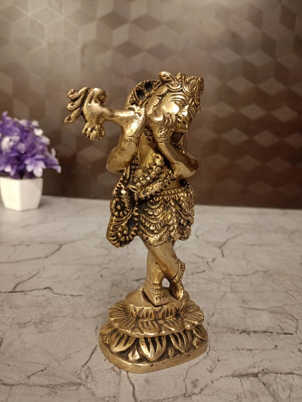 DecorsOne Brass Krishna Standing on Lotus Base Antique Idol- 9″