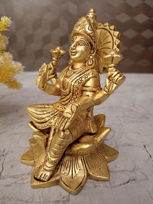 Brass Lakshmi Idol Sitting On Lotus Base