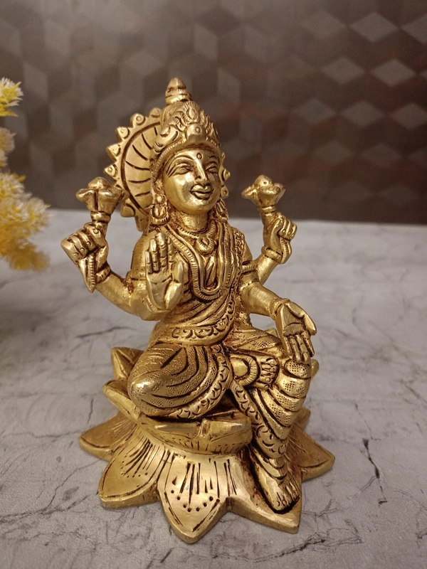 Brass Lakshmi Idol Sitting On Lotus Base