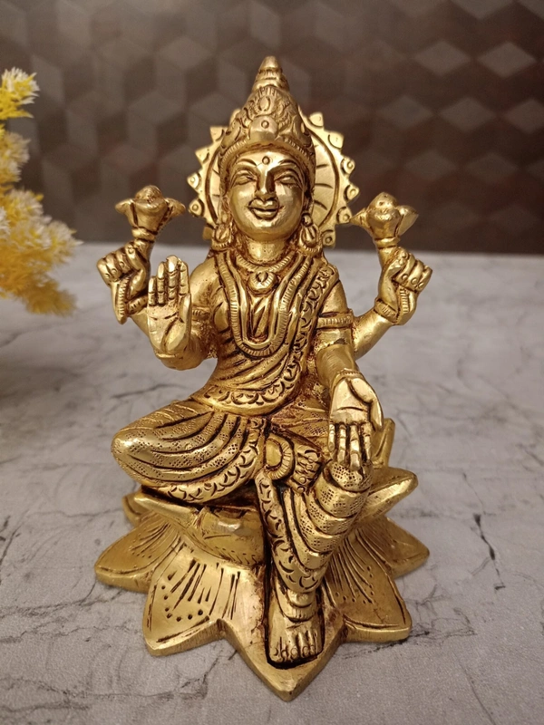 Brass Lakshmi Idol Sitting On Lotus Base