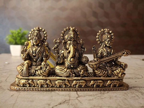 Brass Lakshmi Sarsawathi Ganesha Sitting On Rectangle Base