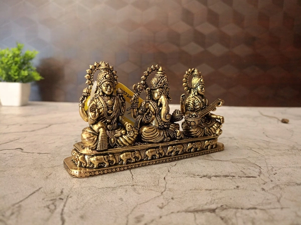 Brass Lakshmi Sarsawathi Ganesha Sitting On Rectangle Base