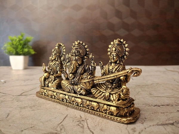 Brass Lakshmi Sarsawathi Ganesha Sitting On Rectangle Base