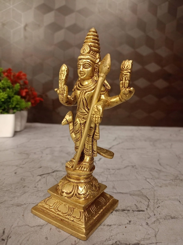 Buy God Karthikeya Brass Statue For Pooja & Handicraft, Golden Antique Finish