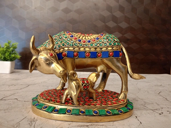 Brass Stone Cow And Calf Idol