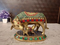 Brass Stone Cow And Calf Idol For Pooja
