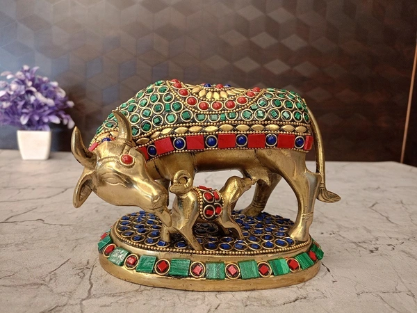 Brass Stone Cow And Calf Idol For Pooja