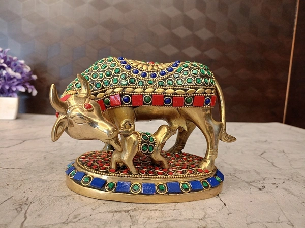 Brass Stone Cow And Calf Idol For Pooja