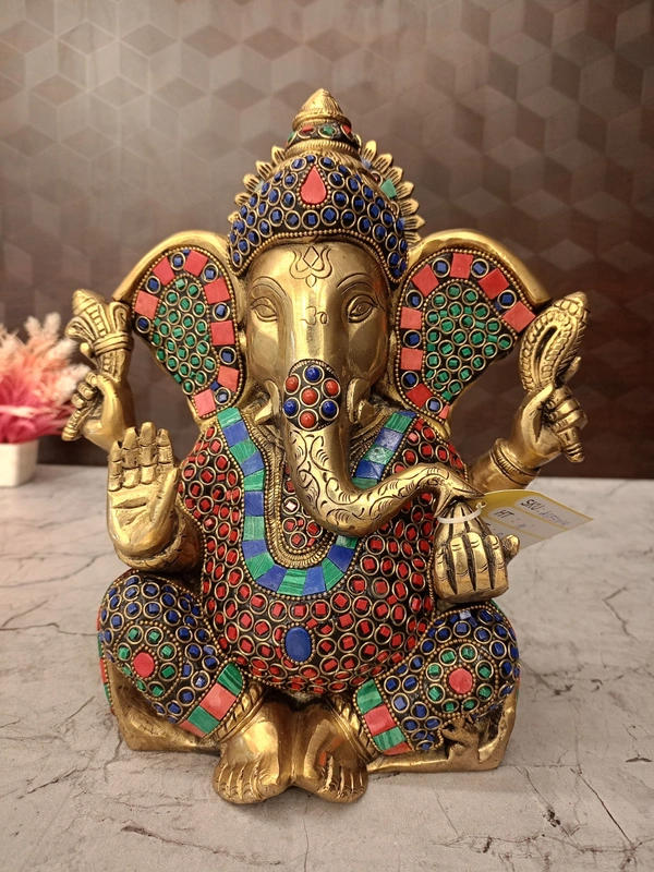 DecorsOne Brass Stone Ganesha Idol For Pooja & Home Decor 10"