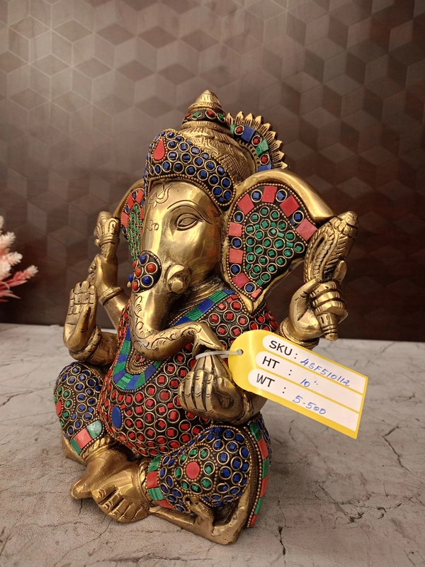 DecorsOne Brass Stone Ganesha Idol For Pooja & Home Decor 10"