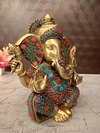 DecorsOne Brass Stone Ganesha Idol For Pooja & Home Decor 10"