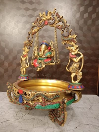 DecorsOne Brass Decorative Ganesha Stone Uruli / Traditional Uruli For Home Decor And Gifting Weddings