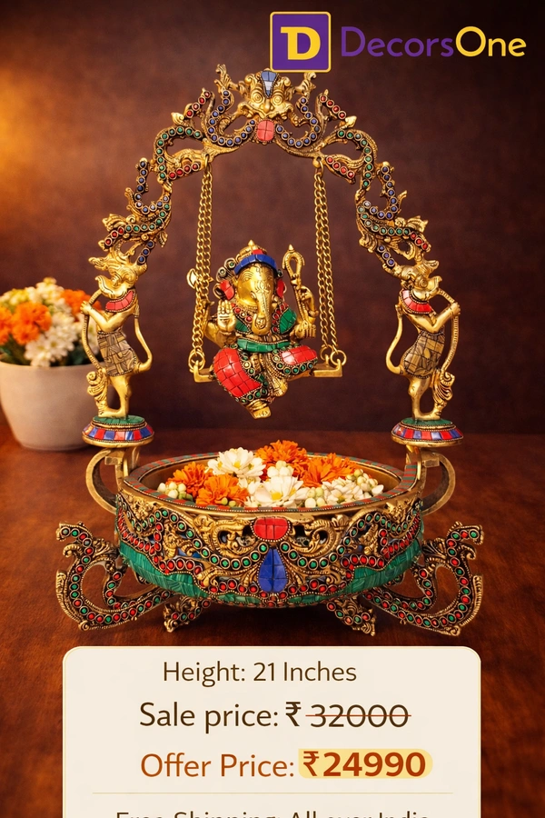 DecorsOne Brass Decorative Ganesha Stone Uruli / Traditional Uruli For Home Decor And Gifting Weddings