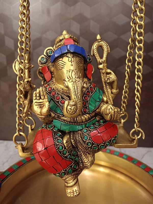 DecorsOne Brass Decorative Ganesha Stone Uruli / Traditional Uruli For Home Decor And Gifting Weddings