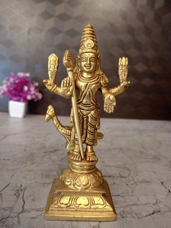 Buy God Karthikeya Brass Statue For Pooja & Handicraft, Golden Antique Finish