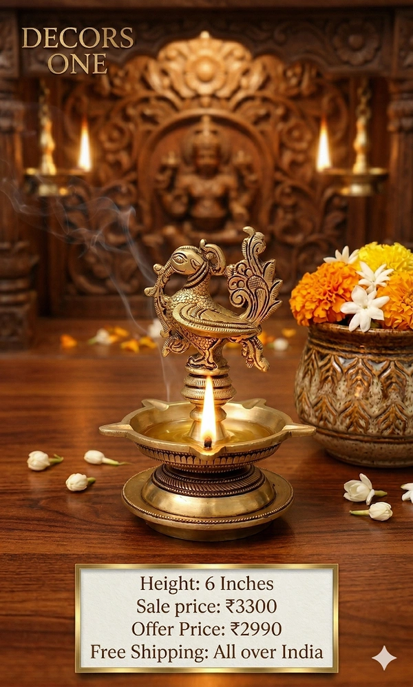 DecorsOne Brass Annam Five face Diya With Full Base Bottom 6″