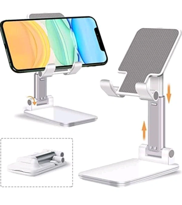 Foldable Mobile Tabletop Stand Adjustable Phone Holder and iPad Stand & For Bed , Table, Office, Video Recording Compatible With All Smartphones, iPad, Tablet. (Black, White)