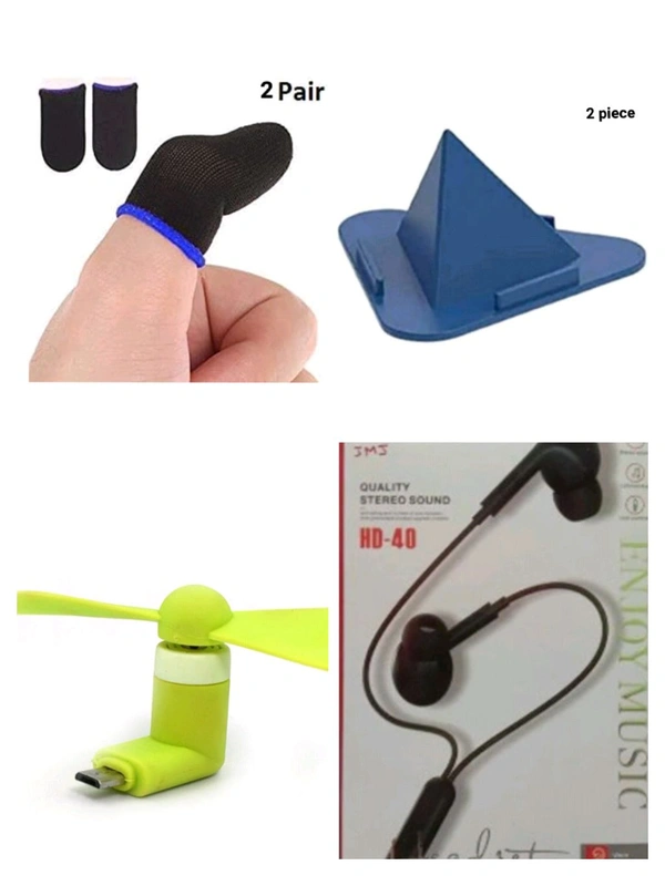 Compo Offer' wire earphone, 2PiecePhone Pyramid Shape Holder Desktop Stand, 2 PairBubg Finger Gloves, Usb Fan.
