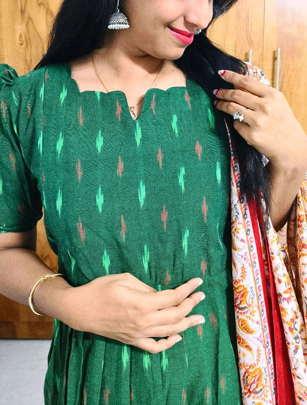 Green Ikkat -Feeding Kurti With Shawl - XXL, Forest Green