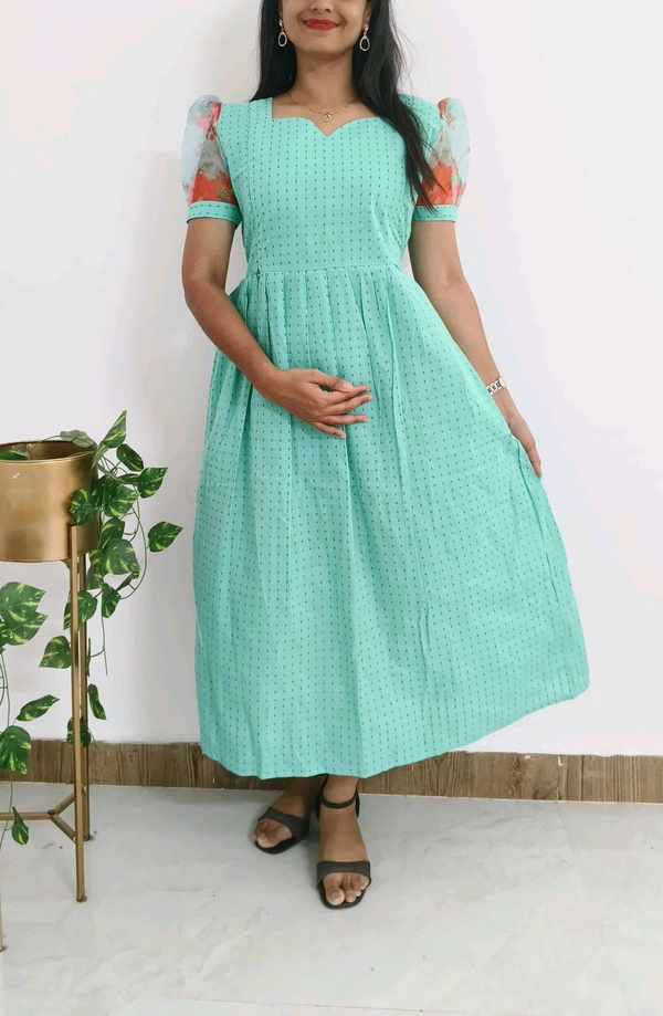 Cotton Feeding Kurti+Organza Sleeve - Aquamarine, XXL