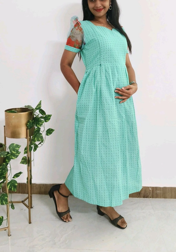 Cotton Feeding Kurti+Organza Sleeve - Aquamarine, XXL