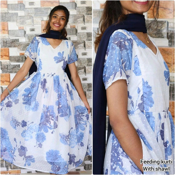 Georgette Feeding Kurti With Shawl - White, L