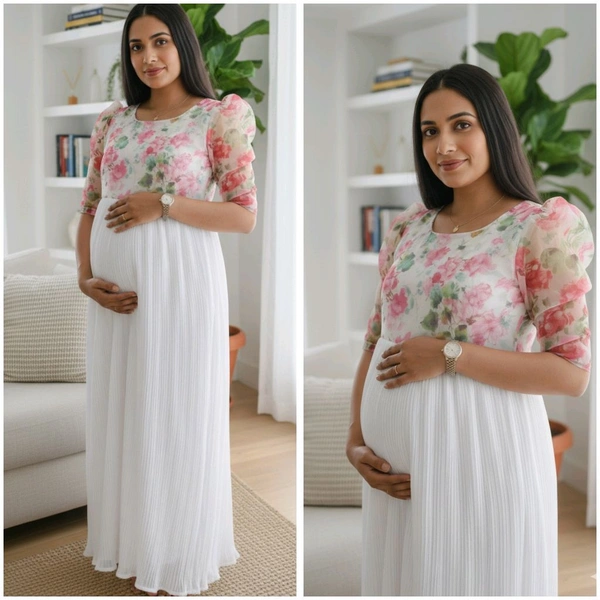 White Pleated-Georgette Feeding Maxi - White, L