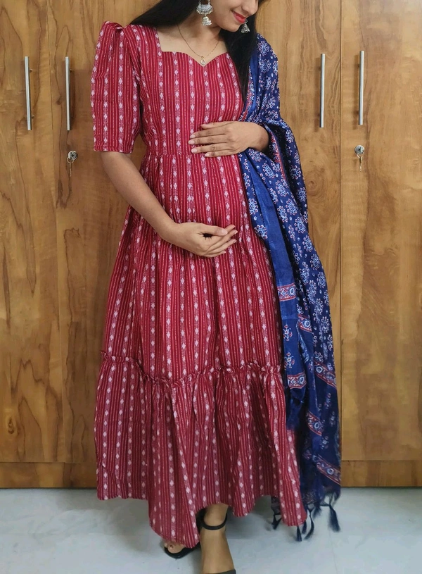 Cherry Red -Feeding Kurti With Shawl - XL, Maroon Flush