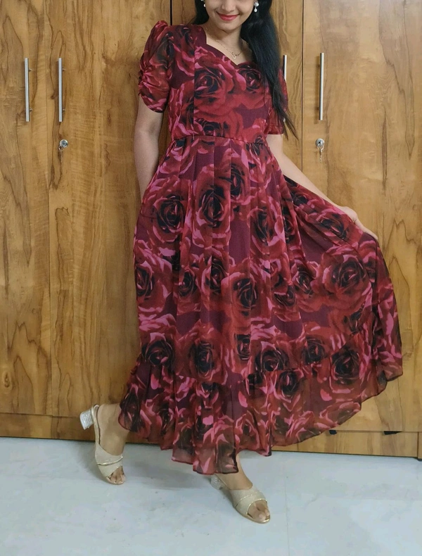 Red Rose- Georgette Feeding Kurtii - M, Bright Red