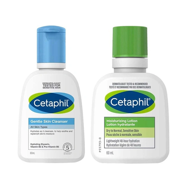 Cetaphil Hydrated Skin Twin Pack: Cleanser 60ml + Moisturising Lotion 60ml | For Dry to Normal, Sensitive Skin | Gentle, Non-Irritating Daily Skincare