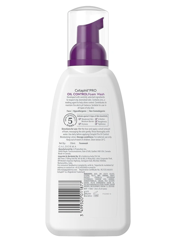 Cetaphil PRO Oil Control Foam Face Wash for Acne & Oily Prone Skin 236ml, For Oily & Sensetive Skin
