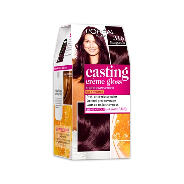 Loreal Paris Casting Creme Gloss Burgundy 316 Conditioning Hair Color - 87.5g+72ml | No Ammonia | Rich, Ultra Glossy Color | Optical Grey Coverage | Long-Lasting Color| Honey-Infused Conditioner | Salon Like Hair At-home