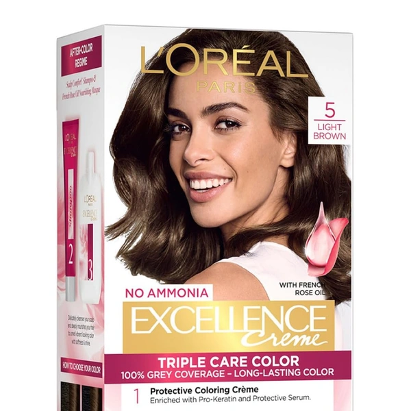 Loreal  Paris Excellence Creme 05 Light Brown 72ml+100g | Triple Care Hair Color | 100% Grey Coverage | Long Lasting Color | Permanent Hair Color for Shiny, Healthy Hair | Radiant Light Brown  |Shade -