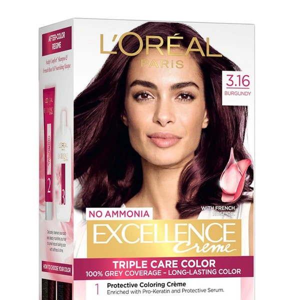 Loreal Paris Excellence Creme  Burgundy 3.16 | 72ml+100g | Triple Care Hair Color | 100% Grey Coverage | Long Lasting Color | Permanent Hair Color for Shiny, Healthy Hair | Vibrant Burgundy Hair Color  | Shade -