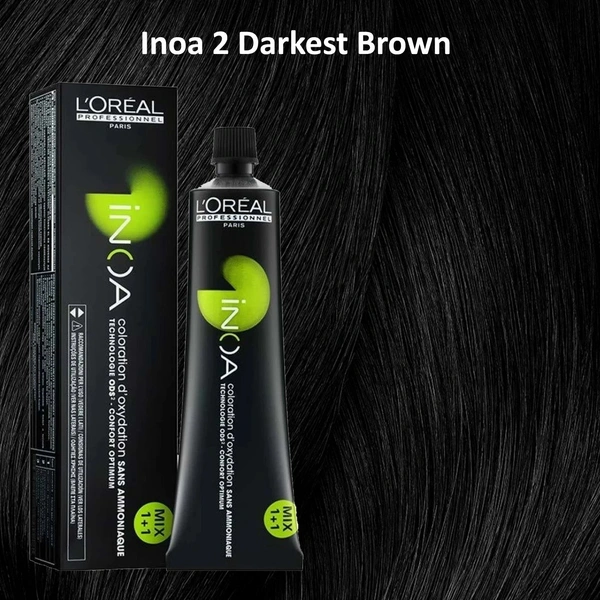 Loreal Professionnel INOA Hair Color 2 Darkest Brown 60g Ammonia-Free Permanent Hair Dye Deep Brown Shade 100% Grey Coverage