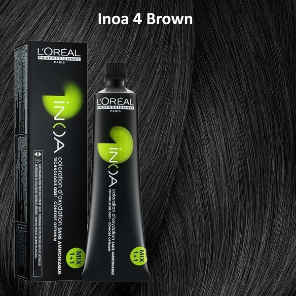 Loreal Professionnel INOA Hair Color 4 Brown 60g Ammonia-Free Permanent Hair Dye Natural Brown Shade Full Grey Coverage