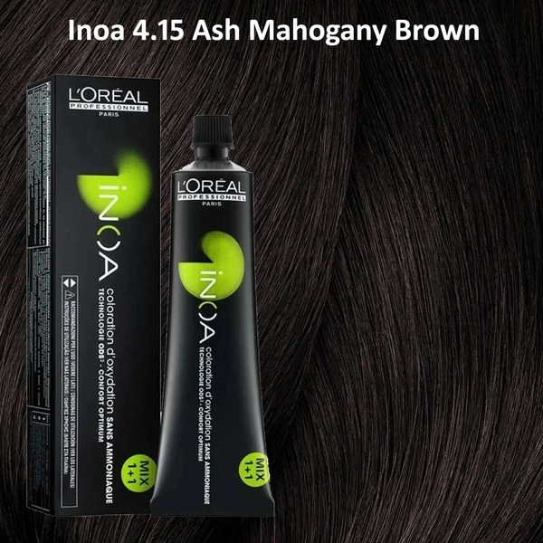 Loreal Professionnel INOA Hair Color 4.15 Ash Mahogany Brown 60g Ammonia-Free Permanent Hair Dye Cool Tone 100% Grey Coverage