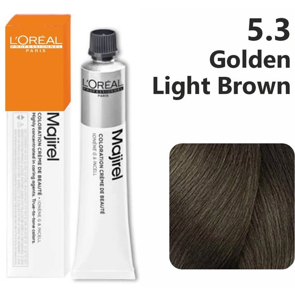 Loreal Professionnel Majirel Permanent Hair Color 5.3 Golden Light Brown for Rich Golden Brown Shade | Long-Lasting Grey Coverage | Vibrant Shine & Conditioning Formula | Salon-Quality Results
