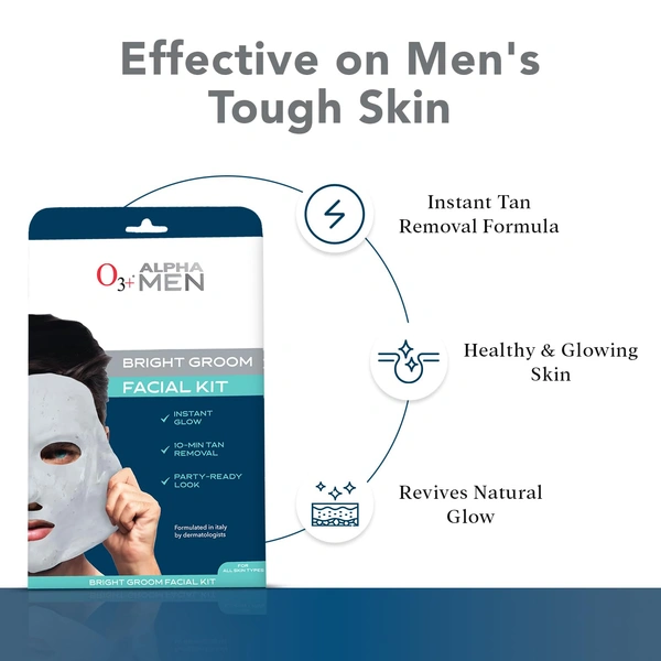 O3+ Professional Alpha Men Bright Groom Facial Kit 54g | Men's Facial for Tan Removal, Deep Cleansing & Instant Glow