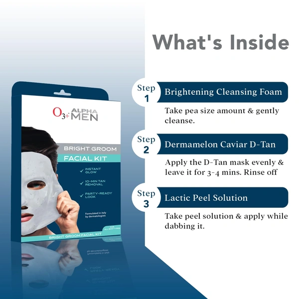 O3+ Professional Alpha Men Bright Groom Facial Kit 54g | Men's Facial for Tan Removal, Deep Cleansing & Instant Glow