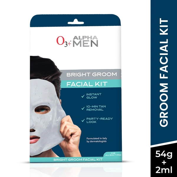 O3+ Professional Alpha Men Bright Groom Facial Kit 54g | Men's Facial for Tan Removal, Deep Cleansing & Instant Glow
