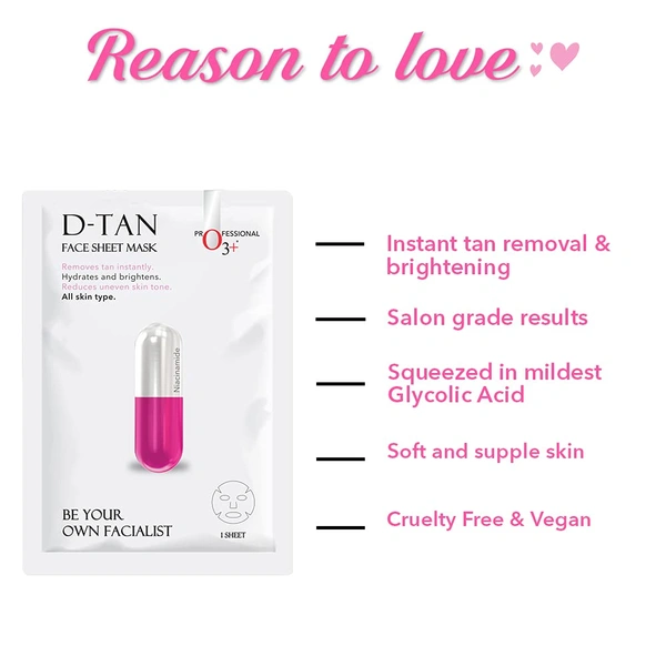 O3+ Professional Facial D-Tan Sheet Mask 30g | Instant Tan Removal Face Mask | Brightening & Glow Boost