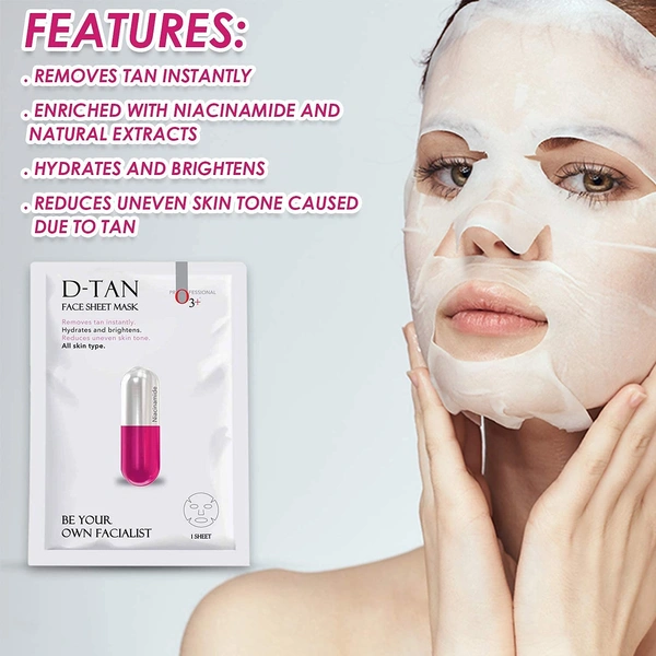 O3+ Professional Facial D-Tan Sheet Mask 30g | Instant Tan Removal Face Mask | Brightening & Glow Boost