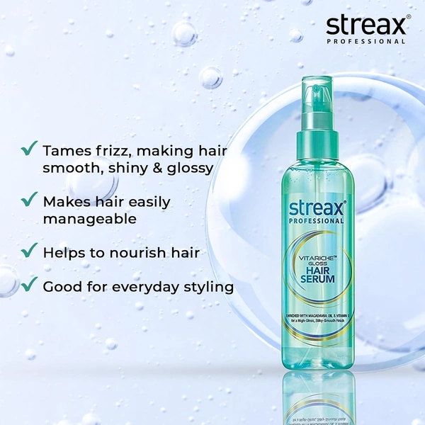 Streax Professional Vitariche Gloss Hair Serum 200ml | Professional Hair Serum for Frizz Control & Instant Shine | Smooth, Silky & Salon Finish Hair