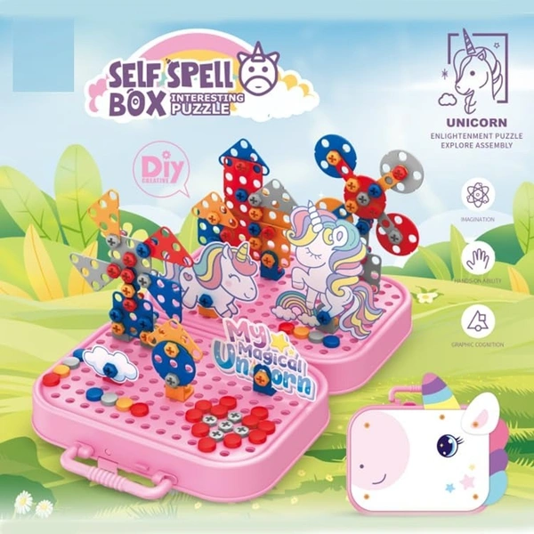 DIY Electric Drill Screw Tool Set-Mosaic Puzzle 228pcs- 3D STEM Educational kit for Kids Construction and Building Block Kit (Unicorn Design)