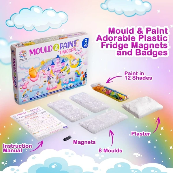 RATNA'S Mould & Paint Unicorn DIY Kit - Create Adorable Plaster Fridge Magnets & Badges - Fun Craft Activity for Kids - Includes 8 Moulds
