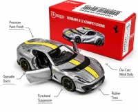 BURAGO Bburago | FERRARI 812 COMPETIZIONE | GREY WITH YELLOW STRIPE | Scale 1:64 Diecast Collectible Toy Car