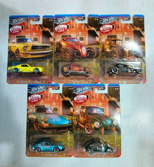 HOTWHEELS Hot Wheels SILVER SERIES | VINTAGE CLUB 1968 | SET OF 5 CARS | '65 MUSTANG 2+2 FASTBACK | SOOO FAST | MOD ROD | '71 PORSCHE 911 | VOLKSWAGEN "CLASSIC BUG" | HRT81