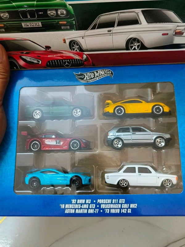 HOTWHEELS HOT WHEELS SILVER SERIES | SET OF 6 CARS | Volkswagen Golf MK2 | Porsche 911 GT3 | Aston Martin One-77 | '92 BMW M3 | '73 Volvo 142 GL | '16 Mercedes-AMG GT3
