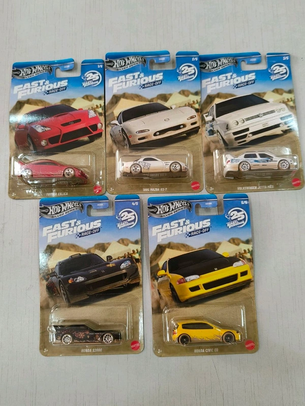 Hot Wheels SILVER SERIES | FAST & FURIOUS RACE-OFF | SET OF 5 CARS | TOYOTA CELICA | 1995 MAZDA RX-7 | VOLKSWAGEN JETTA MK3 | HONDA S2000 | HONDA CIVIC EG | HNR88